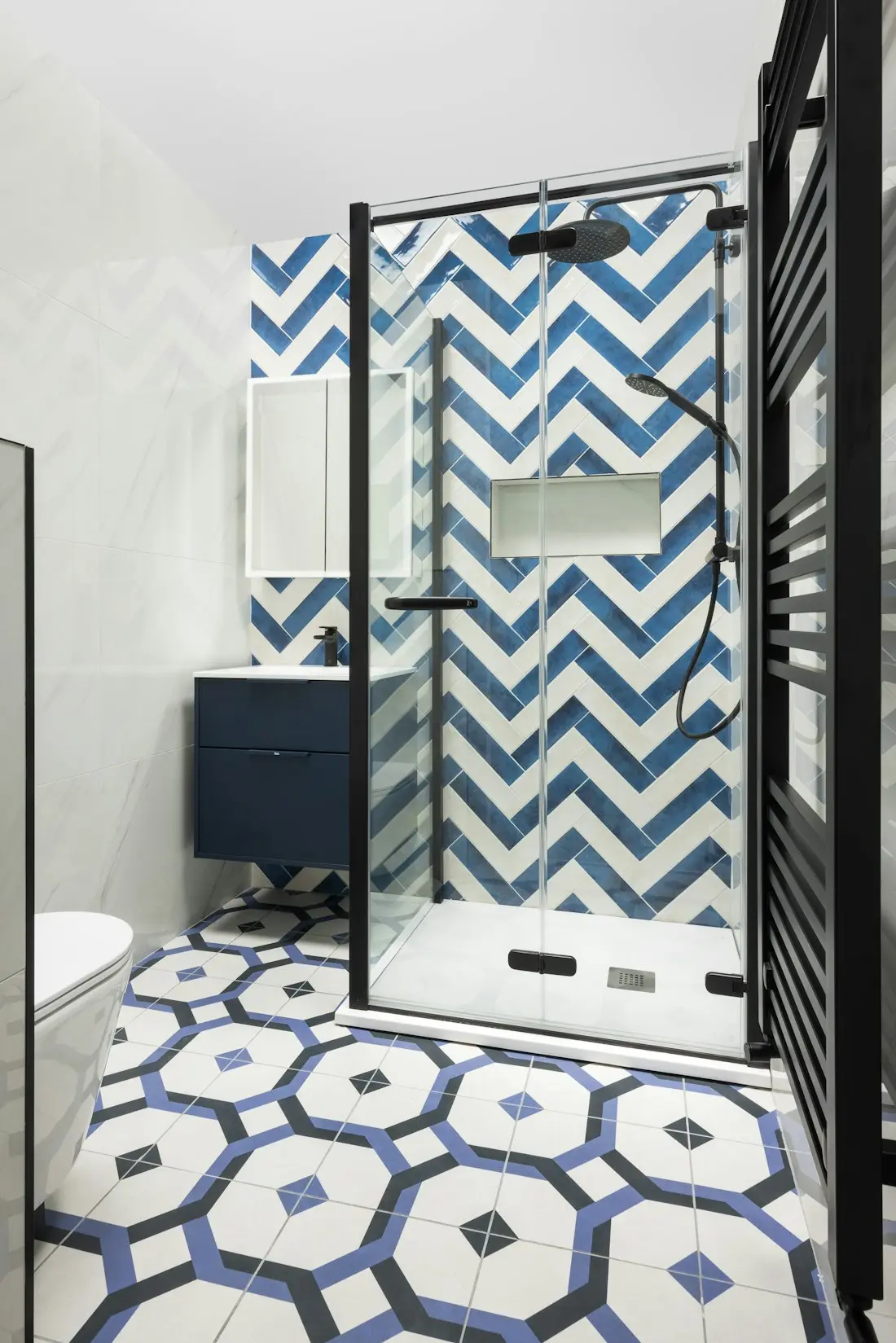 Hall bath in chevron — Glazed ceramic 3×12 in., octagon floor