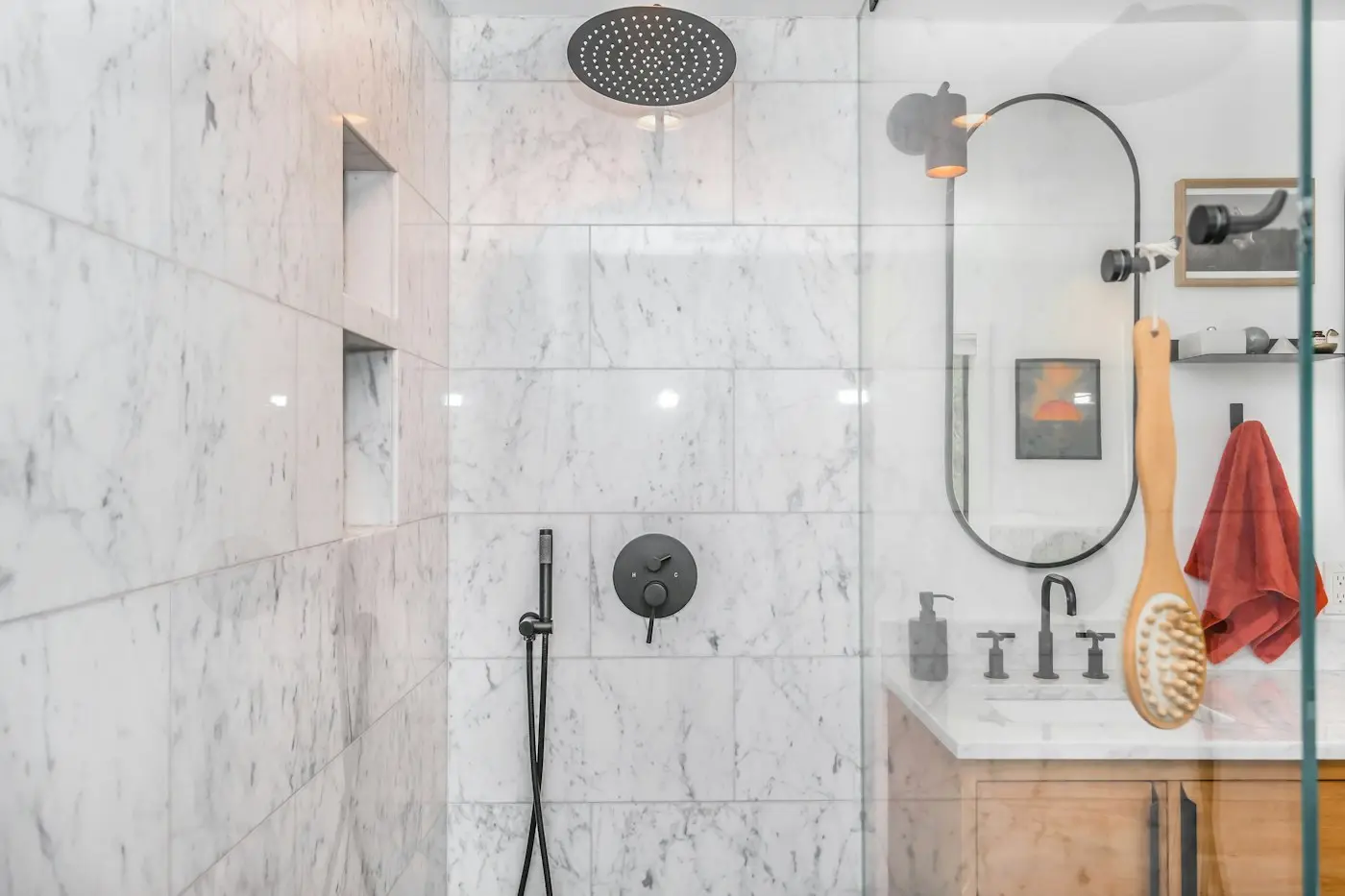 Marble shower with twin niches — Honed Carrara, 12×24 in.
